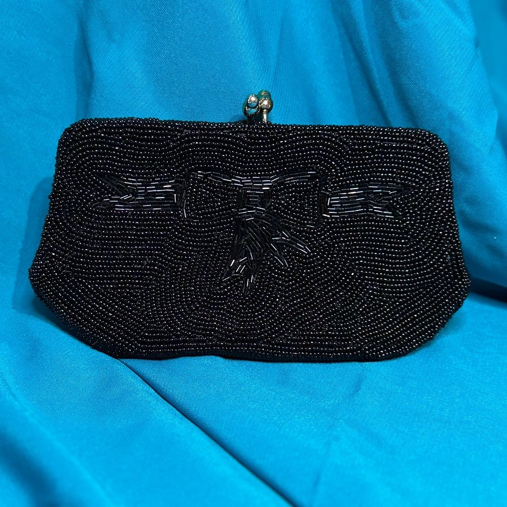 Black Beaded Evening Bag Clutch with Bow Detail Handmade Kiss Lock by Delill